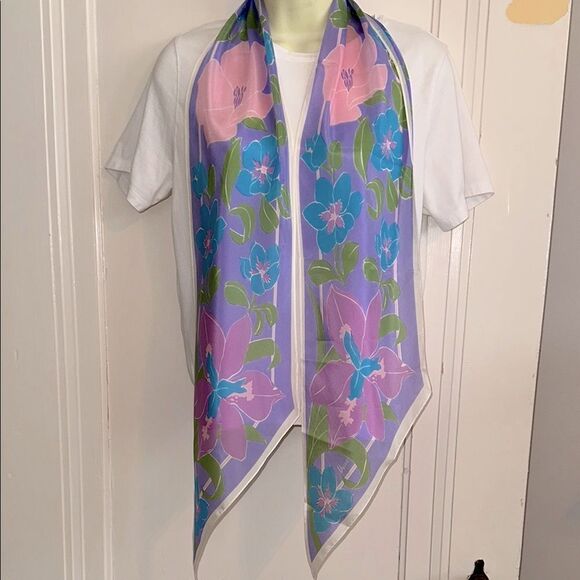 Vintage Vera Pink, Teal Blue, Green & Lavender Floral Silk Long Scarf - Picture 2 of 6